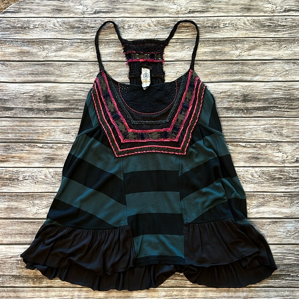 Free People Slouchy Flowy Racerback Cami Tank Black Green L